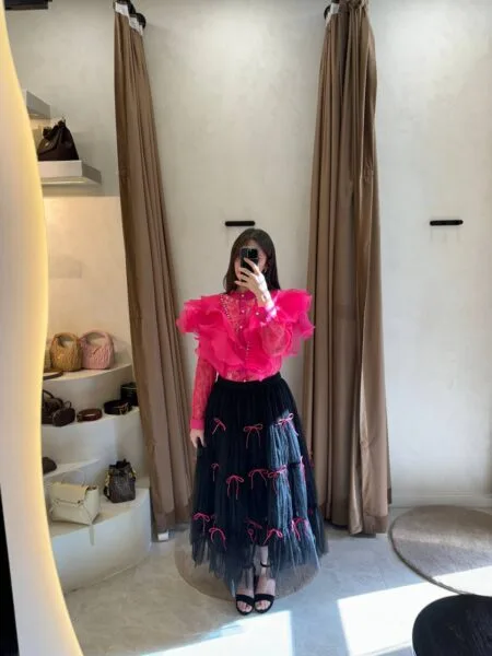 İthal Pembe Fiyonklu Etek - Siyah