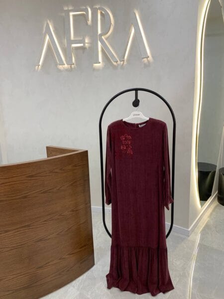 Yakası Çiçek Desenli Elbise - Bordo