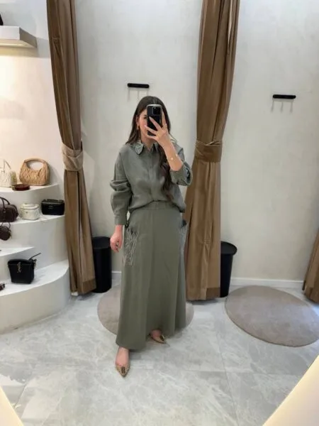 My8 Design Yakası Çiçek Detaylı Etekli Takım - Yeşil