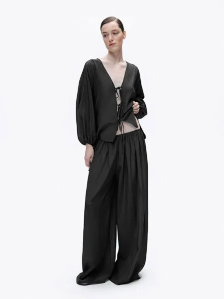 Nocturne Dökümlü Geniş Paça Pantolon - Siyah